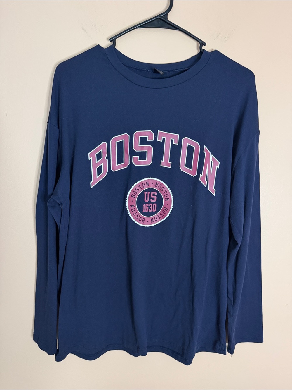 SHEIN Navy Long-Sleeve Tee with Pink Boston Print